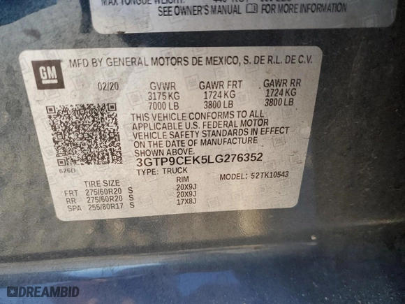 2020 GMC Sierra 1500 Elevation with VIN 3GTP9CEK5LG276352, listed as a Copart auction lot 70218104 with 160,663 mi miles and Salvage Title. Bid and sale history available at carsss.com. Image 12.