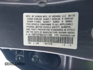 2020 Honda Civic Sedan Sport with VIN 19XFC2F80LE211785, listed as a IAAI auction lot 41557018 with 110,926 mi miles. Bid and sale history available at carsss.com. Image 9.