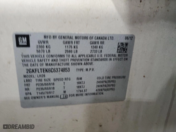 2012 GMC Terrain SLE-2 with VIN 2GKFLTEK6C6374853, listed as a Copart auction lot 45666845 with 0 mi miles and Salvage Title. Bid and sale history available at carsss.com. Image 13.