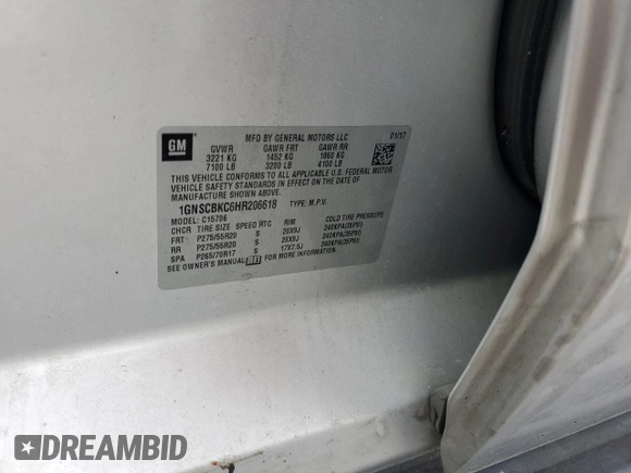2017 Chevrolet Tahoe LT with VIN 1GNSCBKC6HR206618, listed as a Copart auction lot 57327085 with Not provided miles and Salvage title. Bid and sale history available at DreamBid. Image 13.