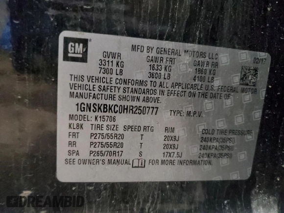 2017 Chevrolet Tahoe LT z VIN 1GNSKBKC0HR250777, wystawiony jako Copart lot #50809085 z przebiegiem 100 945 mil mil oraz Szkoda całkowita • Salvage title. Historia ofert i sprzedaży dostępna na DreamBid. Obrazek 15.