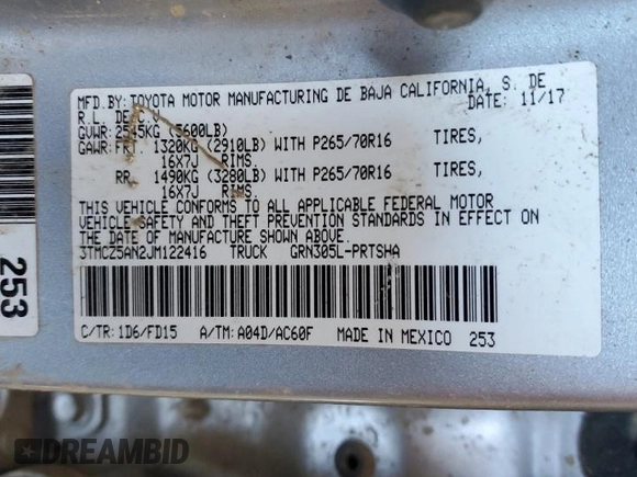 2018 Toyota Tacoma SR z VIN 3TMCZ5AN2JM122416, wystawiony jako Copart lot #41620015 z przebiegiem Nie podano mil oraz Szkoda całkowita • Salvage title. Historia ofert i sprzedaży dostępna na DreamBid. Obrazek 12.