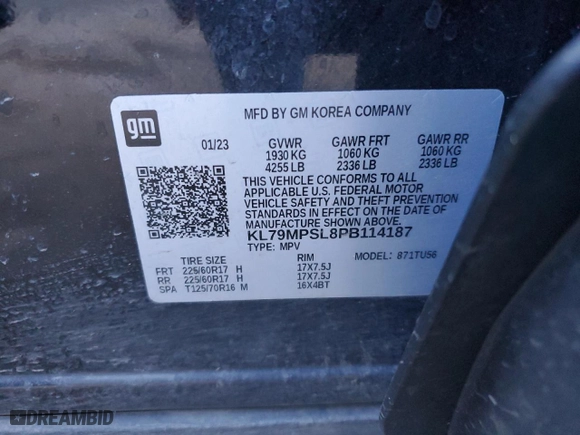 2023 Chevrolet TrailBlazer LT with VIN KL79MPSL8PB114187, listed as a Copart auction lot 47588805 with 44,072 mi miles and Salvage Title. Bid and sale history available at carsss.com. Image 15.