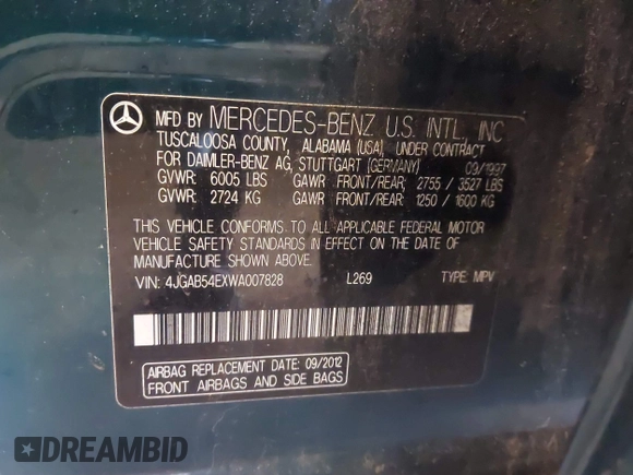 1998 Mercedes-Benz M 320/430/500 with VIN 4JGAB54EXWA007828, listed as a IAAI auction lot 42490411 with 215,980 mi miles and . Bid and sale history available at DreamBid. Image 9.