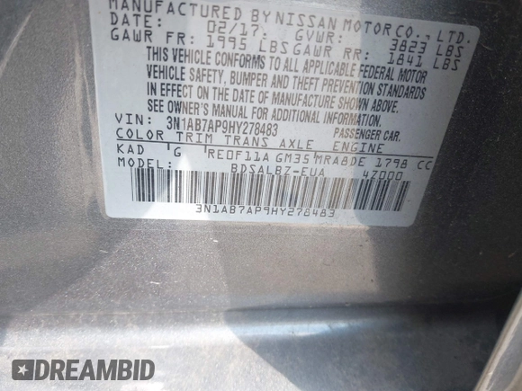 2017 Nissan Sentra SV z VIN 3N1AB7AP9HY278483, wystawiony jako IAAI lot #42213481 z przebiegiem 80 671 mil mil oraz . Historia ofert i sprzedaży dostępna na DreamBid. Obrazek 9.