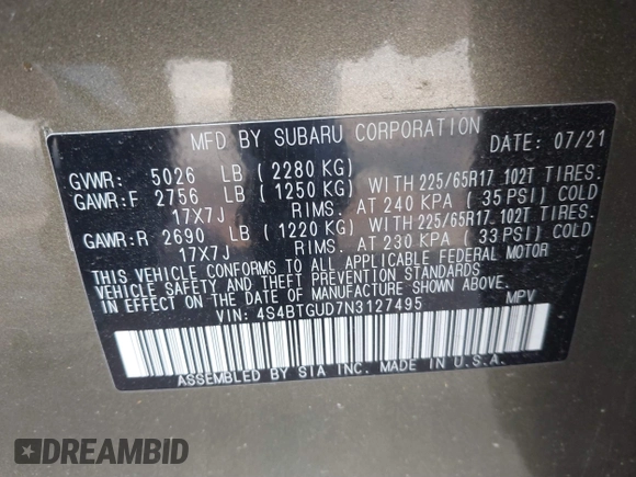 2022 Subaru Outback Wilderness with VIN 4S4BTGUD7N3127495, listed as a IAAI auction lot 41791901 with 105,588 mi miles and . Bid and sale history available at DreamBid. Image 9.