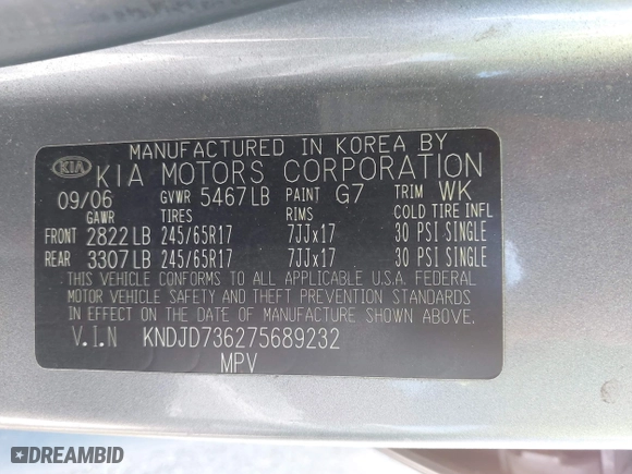 2007 Kia Sorento EX with VIN KNDJD736275689232, listed as a IAAI auction lot 41984030 with 217,065 mi miles. Bid and sale history available at carsss.com. Image 9.