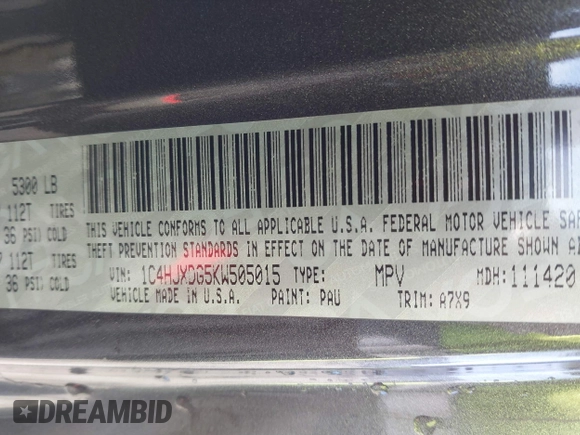 2019 Jeep Wrangler Unlimited Sport S with VIN 1C4HJXDG5KW505015, listed as a IAAI auction lot 41560088 with 54,193 mi miles and . Bid and sale history available at DreamBid. Image 9.