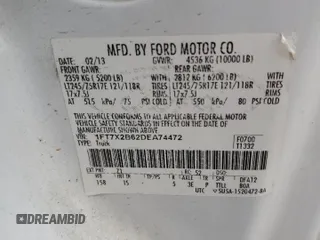 2013 Ford F-250 XL with VIN 1FT7X2B62DEA74472, listed as a Copart auction lot 57628995 with 224,256 mi miles and Salvage title. Bid and sale history available at DreamBid. Image 12.