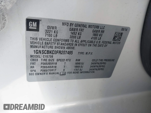 2015 Chevrolet Tahoe LT with VIN 1GNSCBKC0FR207485, listed as a IAAI auction lot 41494125 with Not Provided miles and . Bid and sale history available at DreamBid. Image 9.