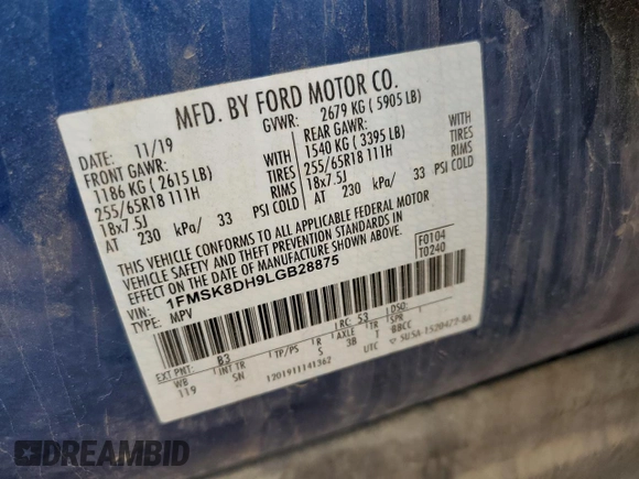 2020 Ford Explorer XLT z VIN 1FMSK8DH9LGB28875, wystawiony jako Copart lot #54262075 z przebiegiem 75 530 mil mil oraz Szkoda całkowita • Salvage title. Historia ofert i sprzedaży dostępna na DreamBid. Obrazek 13.