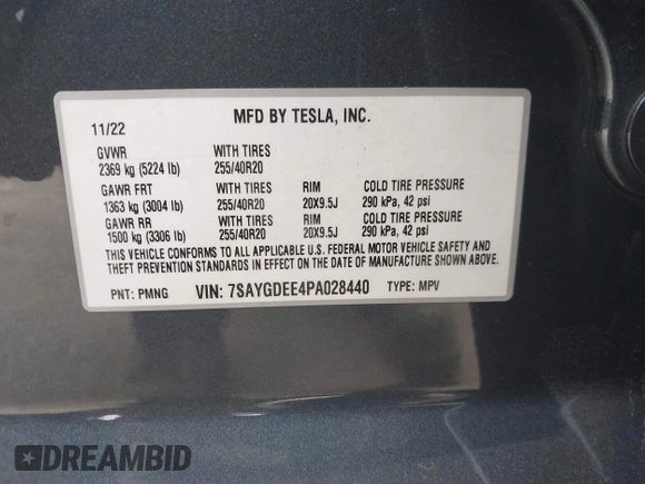2023 Tesla Model Y Long Range with VIN 7SAYGDEE4PA028440, listed as a IAAI auction lot 41488136 with 29,229 mi miles and . Bid and sale history available at DreamBid. Image 9.