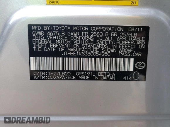 2011 Lexus GS 350 z VIN JTHBE1KS3B0054280, wystawiony jako Copart lot #52821145 z przebiegiem 118 133 mil mil oraz Szkoda całkowita • Salvage title. Historia ofert i sprzedaży dostępna na DreamBid. Obrazek 12.