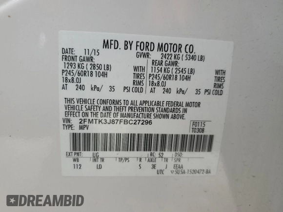 2015 Ford Edge SEL with VIN 2FMTK3J87FBC27296, listed as a Copart auction lot 45955775 with 157,480 mi miles and Salvage Title. Bid and sale history available at carsss.com. Image 13.