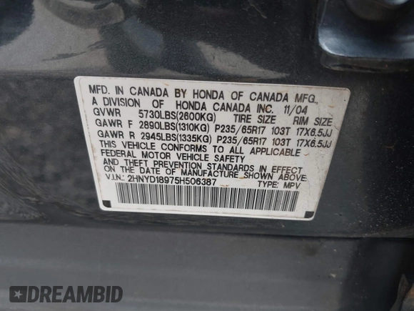 2005 Acura MDX Touring with VIN 2HNYD18975H506387, listed as a IAAI auction lot 41754703 with 247,284 mi miles. Bid and sale history available at carsss.com. Image 9.