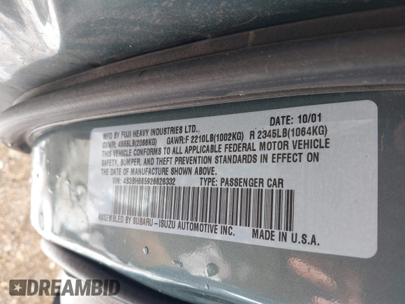 2002 Subaru Legacy Outback z VIN 4S3BH665926626332, wystawiony jako IAAI lot #40805037 z przebiegiem 199 652 mil mil oraz . Historia ofert i sprzedaży dostępna na DreamBid. Obrazek 9.