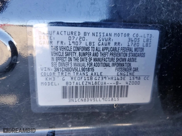 2020 Nissan Versa S with VIN 3N1CN8DV5LL901815, listed as a Copart auction lot 50559625 with 76,593 mi miles and Non Repairable. Bid and sale history available at carsss.com. Image 13.