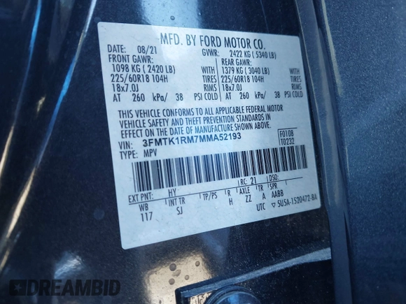 2021 Ford Mustang Mach-E Select z VIN 3FMTK1RM7MMA52193, wystawiony jako IAAI lot #41591356 z przebiegiem 48 522 mil mil oraz . Historia ofert i sprzedaży dostępna na DreamBid. Obrazek 9.