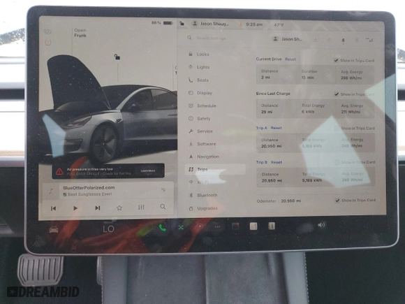2023 Tesla Model 3 with VIN 5YJ3E1EA6PF399949, listed as a Copart auction lot 88917915 with 20,950 mi miles and Salvage Title. Bid and sale history available at carsss.com. Image 9.