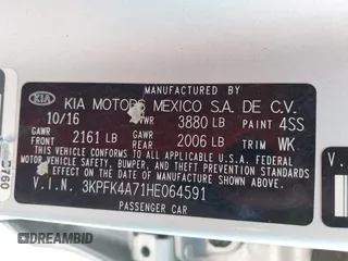 2017 Kia Forte LX z VIN 3KPFK4A71HE064591, wystawiony jako IAAI lot #42425957 z przebiegiem 161 494 mil mil oraz . Historia ofert i sprzedaży dostępna na DreamBid. Obrazek 9.