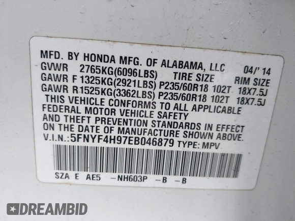 2014 Honda Pilot Touring with VIN 5FNYF4H97EB046879, listed as a IAAI auction lot 42017280 with 167,564 mi miles and . Bid and sale history available at carsss.com. Image 9.