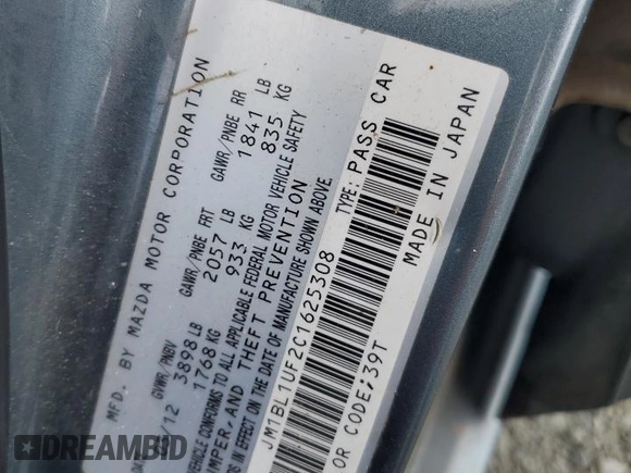 2012 Mazda 3 i Sport with VIN JM1BL1UF2C1625308, listed as a Copart auction lot 63239515 with 163,314 mi miles and Clean title. Bid and sale history available at DreamBid. Image 12.