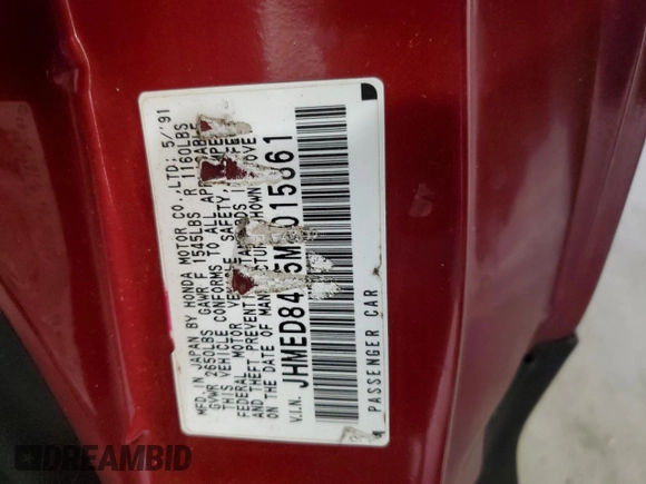 1991 Honda CRX DX z VIN JHMED8455MS015861, wystawiony jako Copart lot #82888244 z przebiegiem 328 469 mil mil oraz Szkoda całkowita • Salvage title. Historia ofert i sprzedaży dostępna na DreamBid. Obrazek 14.