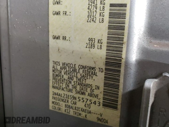 2009 Nissan Altima SL with VIN 1N4AL21E59N557543, listed as a Copart auction lot 53186185 with 132,179 mi miles and Salvage Title. Bid and sale history available at DreamBid. Image 12.