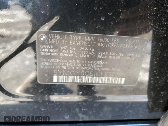 2012 BMW X5 M with VIN 5YMGY0C51CLK27299, listed as a Copart auction lot 45327545 with 146,072 mi miles and Salvage Title. Bid and sale history available at carsss.com. Image 13.
