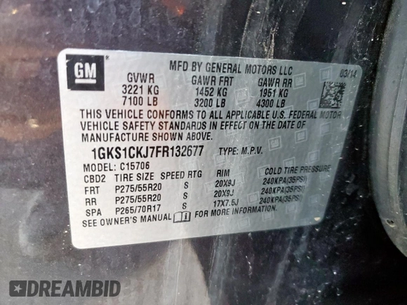 2015 GMC Yukon Denali with VIN 1GKS1CKJ7FR132677, listed as a Copart auction lot 47820925 with 144,821 mi miles and Salvage Title. Bid and sale history available at carsss.com. Image 13.