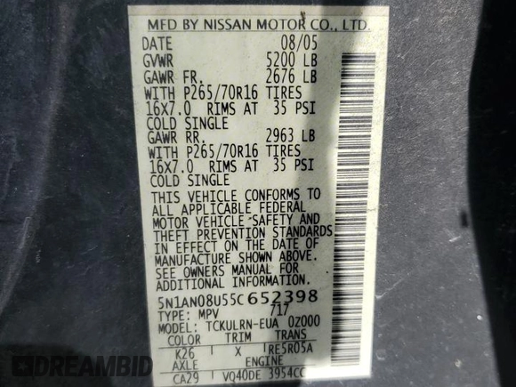 2005 Nissan Xterra SE с VIN 5N1AN08U55C652398, выставлен на аукционе Copart как лот 60207505 с пробегом 221 829 миль миль и Чистый • Clean title. История ставок и продаж доступна на DreamBid. Изображение 13.