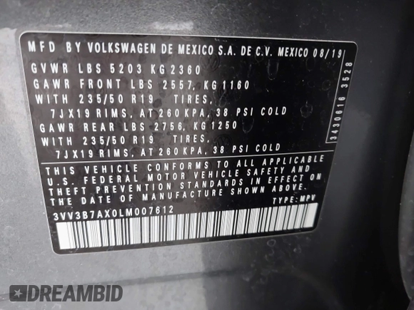 2020 Volkswagen Tiguan SE z VIN 3VV3B7AX0LM007612, wystawiony jako IAAI lot #42275320 z przebiegiem 44 254 mil mil oraz . Historia ofert i sprzedaży dostępna na DreamBid. Obrazek 9.