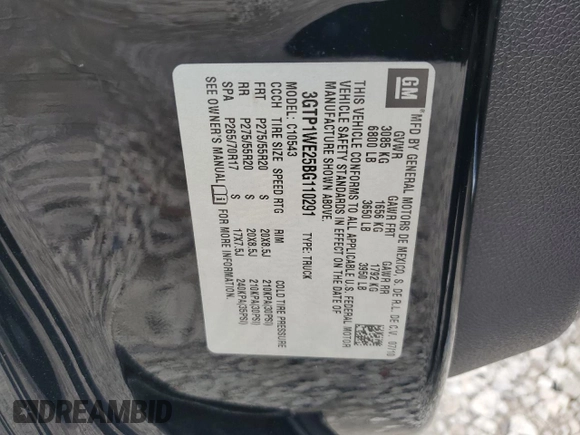 2011 GMC Sierra 1500 with VIN 3GTP1WE25BG110291, listed as a Copart auction lot 53107945 with 185,385 mi miles and Salvage Title. Bid and sale history available at DreamBid. Image 12.