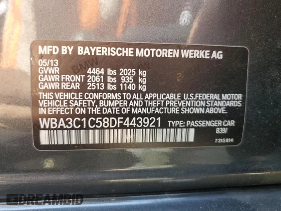 2013 BMW 3 Series 328i с VIN WBA3C1C58DF443921, выставлен на аукционе Copart как лот 52677255 с пробегом 86 949 миль миль и Списание • Salvage title. История ставок и продаж доступна на DreamBid. Изображение 13.