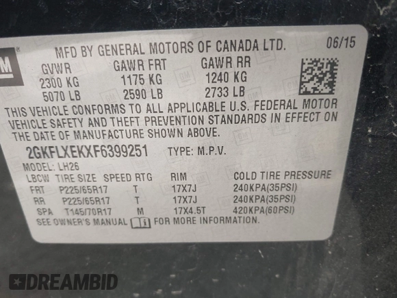 2015 GMC Terrain SLT with VIN 2GKFLXEKXF6399251, listed as a IAAI auction lot 42256383 with 134,383 mi miles and . Bid and sale history available at DreamBid. Image 9.