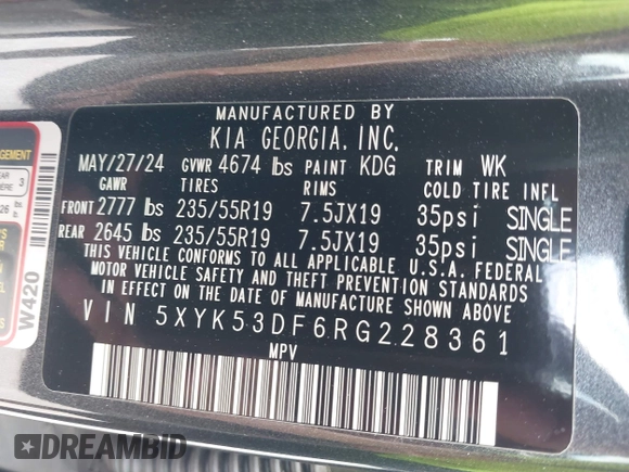 2024 Kia Sportage SX-Prestige with VIN 5XYK53DF6RG228361, listed as a IAAI auction lot 42102412 with 14,496 mi miles and . Bid and sale history available at DreamBid. Image 9.