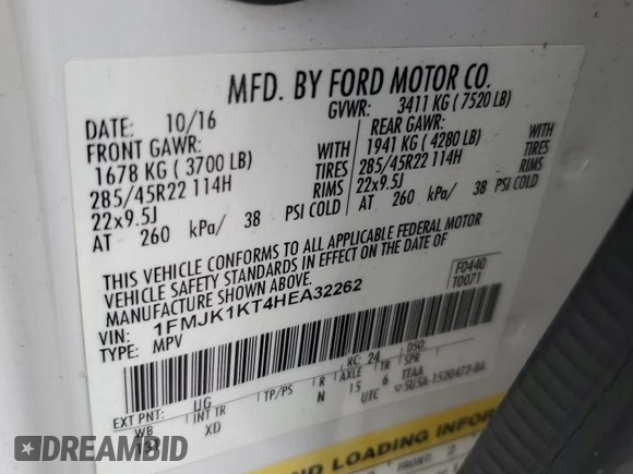 2017 Ford Expedition Max Limited с VIN 1FMJK1KT4HEA32262, выставлен на аукционе Copart как лот 47727975 с пробегом 155 144 миль миль и Списание • Salvage title. История ставок и продаж доступна на DreamBid. Изображение 13.