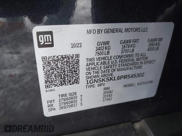 2023 Chevrolet Tahoe Premier with VIN 1GNSKSKL6PR545302, listed as a IAAI auction lot 41017179 with 16,877 mi miles and . Bid and sale history available at DreamBid. Image 9.