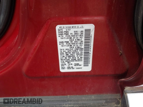 2007 Nissan Murano SL z VIN JN8AZ08W97W646555, wystawiony jako IAAI lot #42494986 z przebiegiem Nie podano mil oraz . Historia ofert i sprzedaży dostępna na DreamBid. Obrazek 9.
