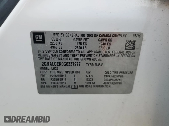 2016 Chevrolet Equinox LT z VIN 2GNALCEK0G6337977, wystawiony jako Copart lot #51516105 z przebiegiem 167 810 mil mil oraz Szkoda całkowita • Salvage title. Historia ofert i sprzedaży dostępna na DreamBid. Obrazek 13.