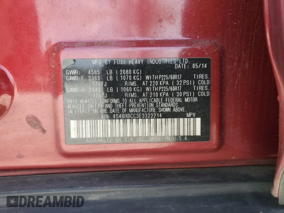 2014 Subaru Outback Premium with VIN 4S4BRBCC3E3322214, listed as a Copart auction lot 49218065 with 185,445 mi miles and Salvage Title. Bid and sale history available at DreamBid. Image 13.