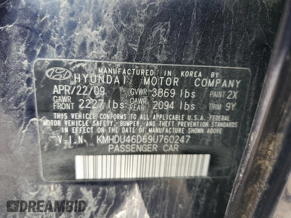 2009 Hyundai Elantra GLS z VIN KMHDU46D69U760247, wystawiony jako Copart lot #59694895 z przebiegiem 215 328 mil mil oraz Szkoda całkowita • Salvage title. Historia ofert i sprzedaży dostępna na DreamBid. Obrazek 12.