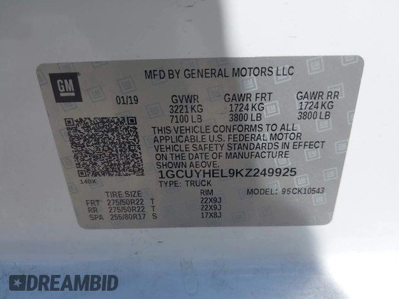 2019 Chevrolet Silverado 1500 High Country with VIN 1GCUYHEL9KZ249925, listed as a IAAI auction lot 41870963 with 1 mi miles. Bid and sale history available at carsss.com. Image 9.