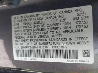 2021 Honda CR-V LX with VIN 2HKRW2H29MH632687, listed as a IAAI auction lot 41876112 with 105,301 mi miles. Bid and sale history available at carsss.com. Image 9.
