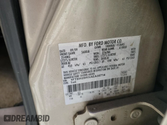 2010 Ford F-250 XL with VIN 1FTSW2BRXAEA35714, listed as a Copart auction lot 52206405 with Not provided miles and Salvage title. Bid and sale history available at DreamBid. Image 12.