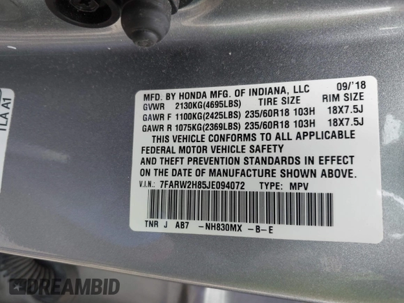 2018 Honda CR-V EX-L with VIN 7FARW2H85JE094072, listed as a IAAI auction lot 42170552 with 97,196 mi miles and . Bid and sale history available at DreamBid. Image 9.