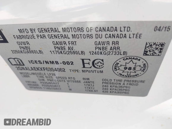2015 Chevrolet Equinox LS z VIN 2GNALAEKXF6354062, wystawiony jako IAAI lot #41994552 z przebiegiem 185 000 mil mil oraz . Historia ofert i sprzedaży dostępna na DreamBid. Obrazek 9.