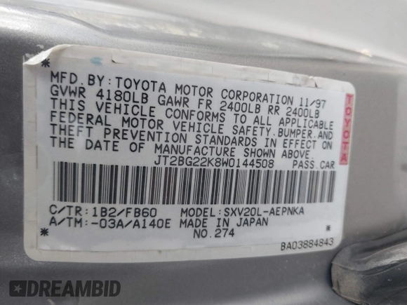 1998 Toyota Camry LE z VIN JT2BG22K8W0144508, wystawiony jako IAAI lot #42083963 z przebiegiem 222 776 mil mil oraz . Historia ofert i sprzedaży dostępna na DreamBid. Obrazek 9.