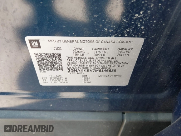 2021 Chevrolet Equinox LT z VIN 2GNAXKEV7M6146688, wystawiony jako IAAI lot #41542451 z przebiegiem 177 859 mil mil oraz . Historia ofert i sprzedaży dostępna na DreamBid. Obrazek 9.