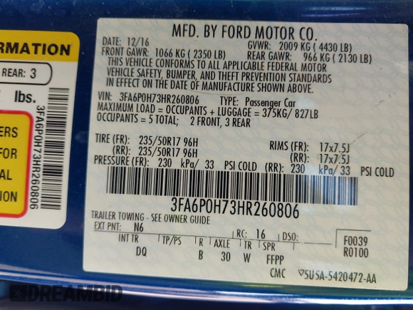 2017 Ford Fusion SE z VIN 3FA6P0H73HR260806, wystawiony jako IAAI lot #42311343 z przebiegiem 143 094 mil mil oraz . Historia ofert i sprzedaży dostępna na DreamBid. Obrazek 9.